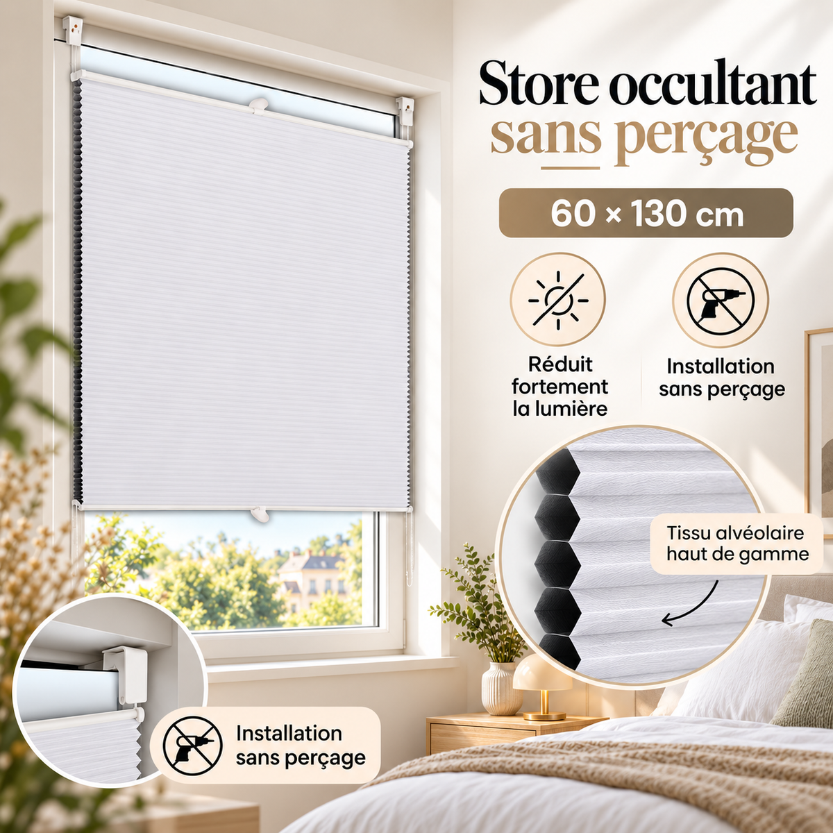 Store occultant sans perçage pour fenêtre — 60 × 130 cm, blanc